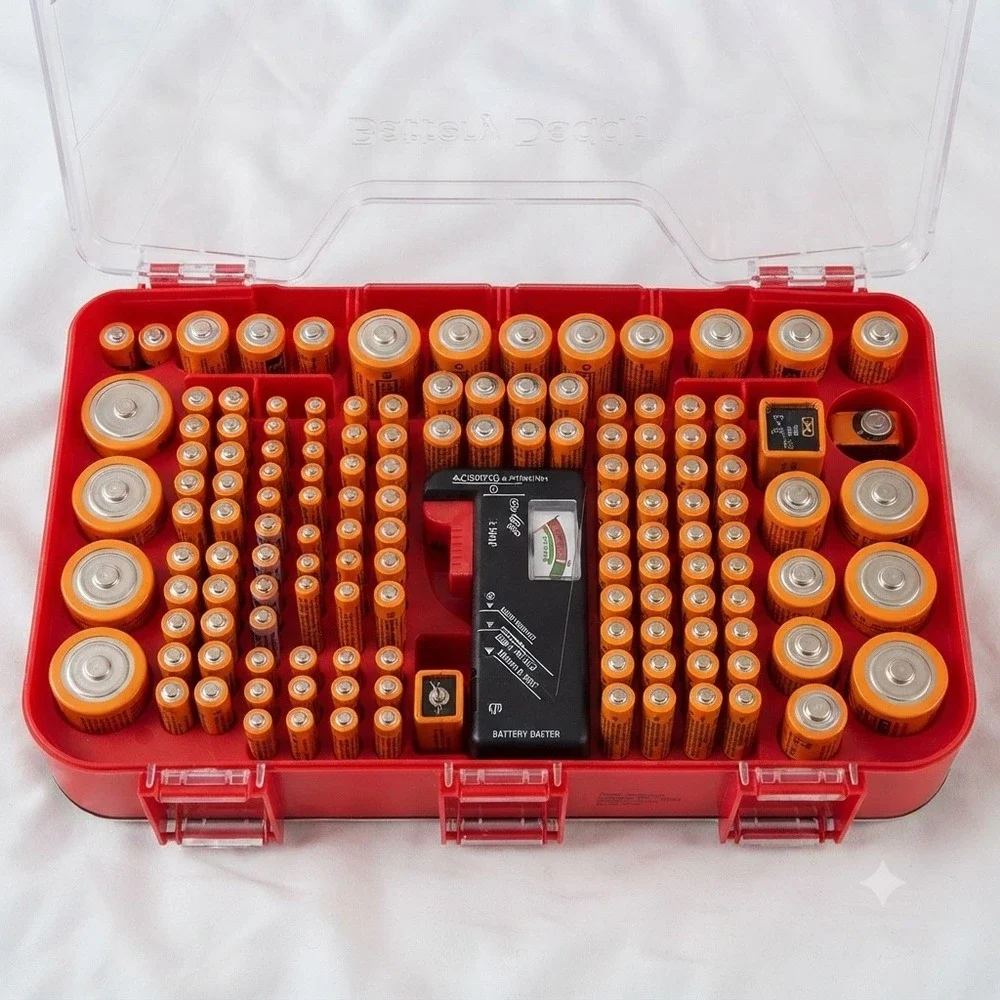 Battery Daddy Storage Case with Tester Red Double Sided Organizer Holds 180+